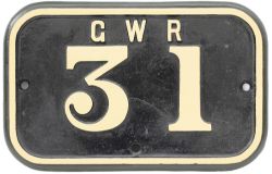 GWR cast iron cabside numberplate GWR 31 ex Rhymney Railway Hurry Riches 0-6-2 T built by Robert