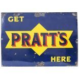 Motoring enamel sign GET PRATT'S HERE. Measures 42in x 30in and is in very good condition with minor