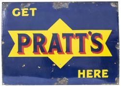 Motoring enamel sign GET PRATT'S HERE. Measures 42in x 30in and is in very good condition with minor