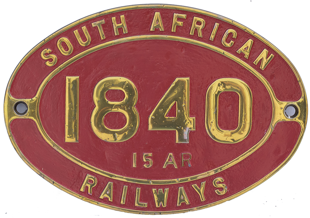 South African Railways brass cabside numberplate 1840 15AR ex Mountain Class 4-8-2 built by Beyer