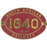 South African Railways brass cabside numberplate 1840 15AR ex Mountain Class 4-8-2 built by Beyer
