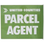 Motoring Bus sign UNITED COUNTIES PARCEL AGENT. Double sided screen printed aluminium with wall