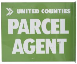 Motoring Bus sign UNITED COUNTIES PARCEL AGENT. Double sided screen printed aluminium with wall