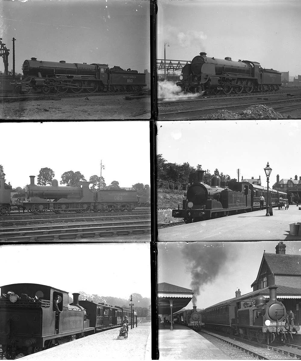 33 large format glass negatives. Taken in 1930 includes SR: Nine Elms, Swanage, Gillingham Tunbridge