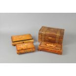 A Victorian parquetry inlaid box and three 20th century Sorrento ware inlaid boxes