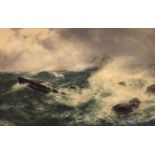 Peter Graham, shipwreck on the rocks, signed, oil on canvas