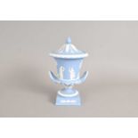 A Wedgwood blue jasperware campagna urn and cover