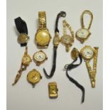 A collection of yellow metal and gold wristwatches