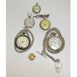 A quantity of 5 x silver pocket watches, 2 x chains, together with a 9ct ladies watch