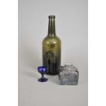 18th century sealed wine bottle, Bristol blue eyebath and a glass inkwell