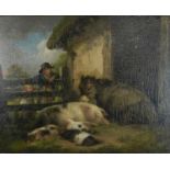 Circle of George Morland (1763-1804), British School, Farmyard Scene with Donkey and Sow