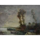 British school, early 20th century, fishing boat on a lake, oil