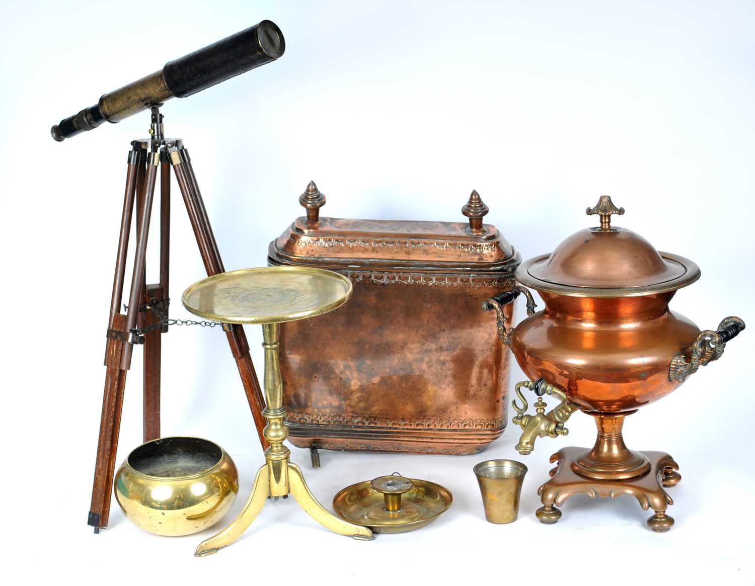 An interesting mixed collection of antique copper and brass wares