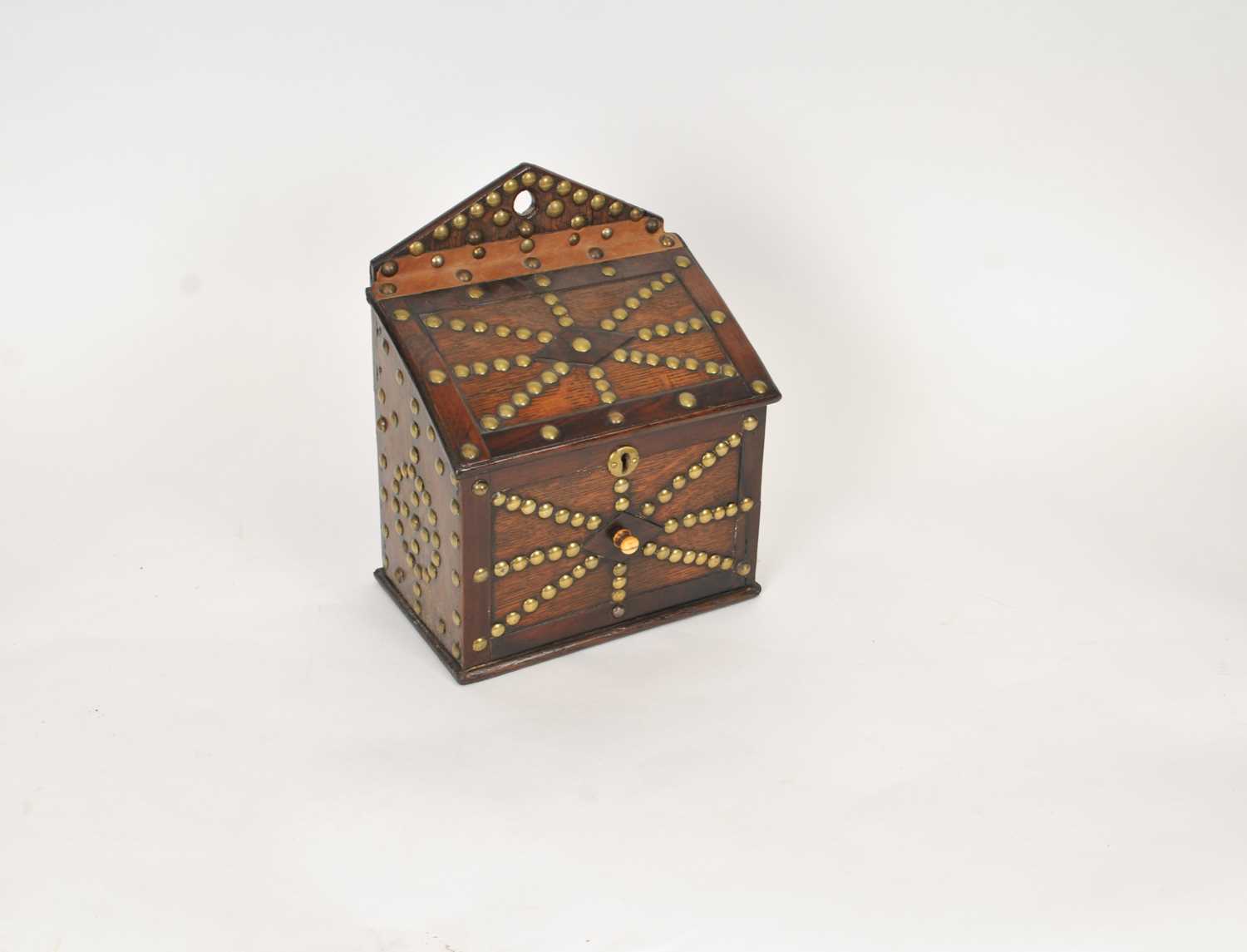 A 19th century studded oak candle box - Image 2 of 2