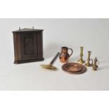 A mixed collection of antique metalwares and a miniature oak corner cabinet