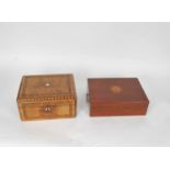 A Victorian parquetry inlaid walnut writing slope, pens, seals, a later writing slope, etc