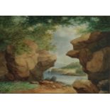 R Hauden (British School), Watercolour of a Rocky Lakeside