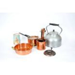 A collection of antique and later metal wares to include a graduated trio of Victorian copper