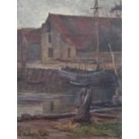 Oil painting of a moored boat at the dock