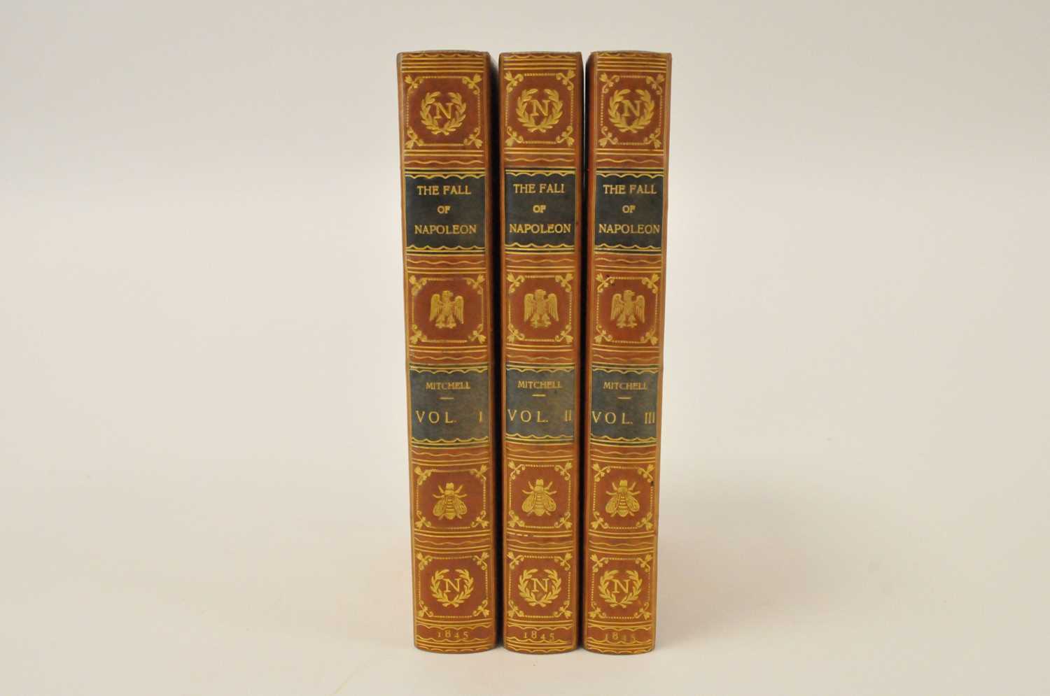 MITCHELL, Lieut-Col J. The Fall of Napoleon, 3 vols 1845. Half calf gilt by Bayntun, covers bound in