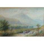 Scottish watercolour of a lady driving cattle
