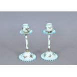 A pair of French or English opaline glass candlesticks late 19th century the pale yellow grounds