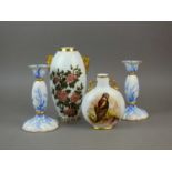 A pair of Coalport candlesticks, a moon flask and a vase