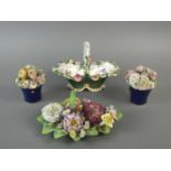 Coalbrookdale basket, floral-encrusted ink stand and a pair of Derby floral baskets
