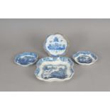 Three Caughley teapot stands and a square dessert dish, circa 1780s
