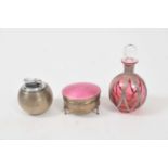 An enamel and silver box, a Comyns 'Witchball' silver table lighter and a cranberry glass scent