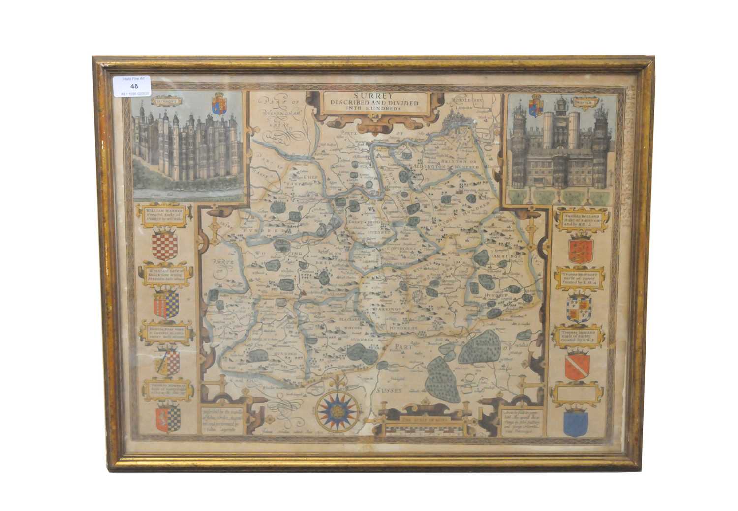 MAP. HONDIUS, Jodocus, Surrey. Sudbury and Humble 1610. 380 x 510mm, hand coloured. Framed and