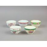 Five English porcelain tea bowls, 18th century