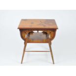 A decorative parquetry two-tier side table in the Art Nouveau style, decorated with flowers,