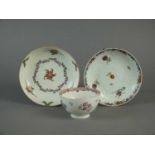Worcester tea bowl and two saucers, circa 1760-70