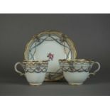 Caughley polychrome teacup, coffee cup and saucer