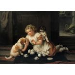 George Augustus Holmes, Young Girl playing with puppies, oil on canvas