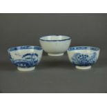 Three Caughley blue and white tea bowls, circa 1785