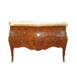 An early 20th Century Louis XV style French parquetry marble-topped bombe commode