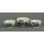 Two Worcester tea bowls and a teacup, circa 1760-70