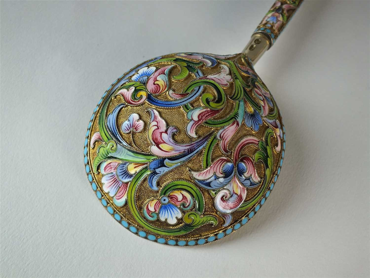 A late 19th century Russian silver gilt and champleve enamel spoon - Image 3 of 7