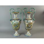 Italian maiolica snake-handled vases, late 19th century