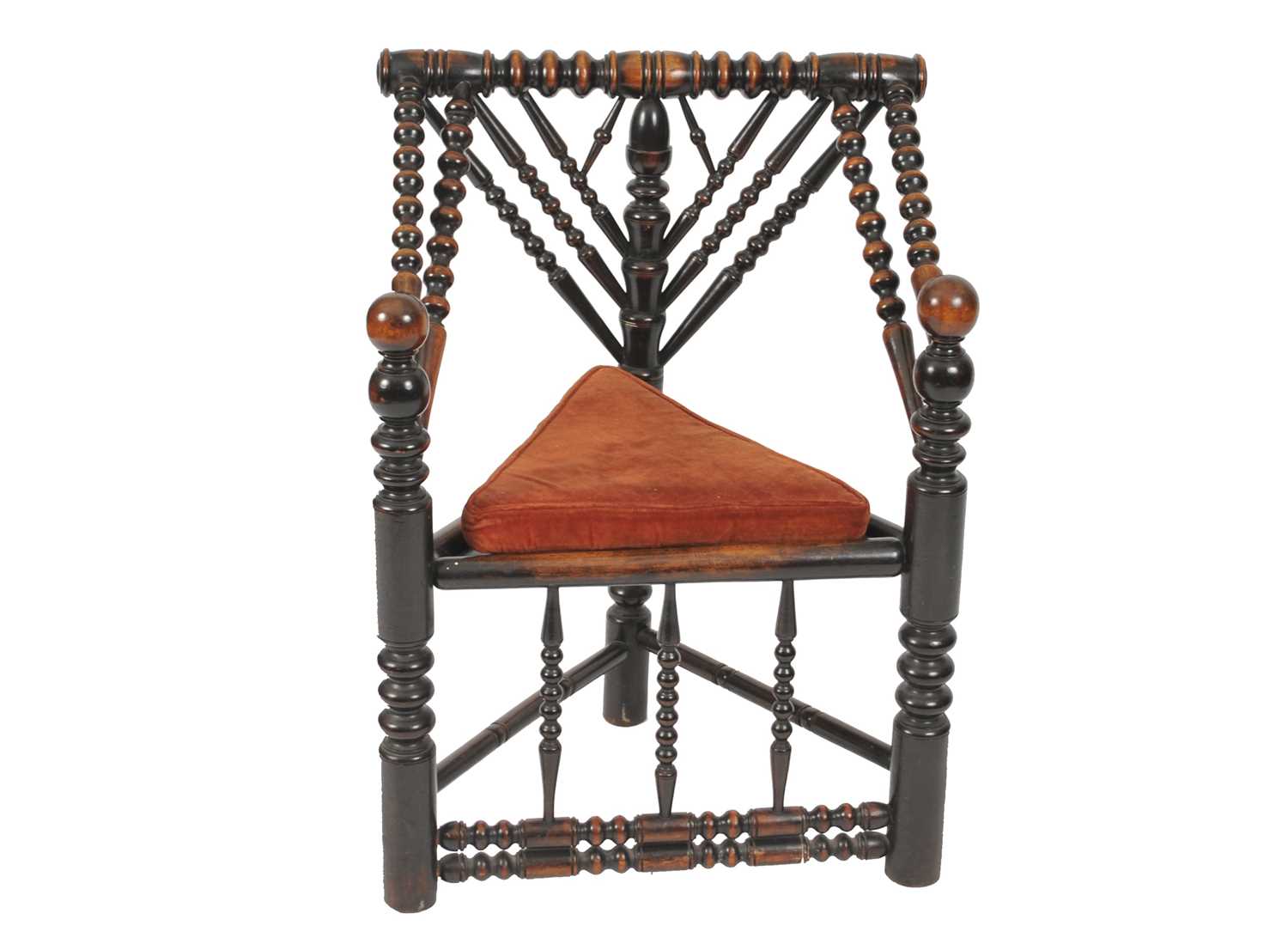 A 19th century turners chair, of good colour, the 'V' shaped back with a central acorn finial, the