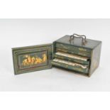 An early 20th century Chinese bone and bamboo mah jong set in a green lacquered case with five