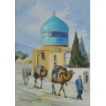 Misha Chahbazian (Iranian 20th Century) Man Leading Camels before a Mosque