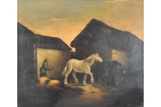 Follower of George Morland, a farmyard scene with a white horse in the centre, the farmer behind, - Image 1 of 2