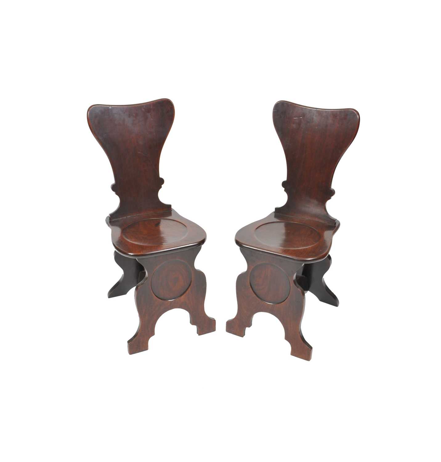 A pair of 18th / 19th century sgabella form mahogany hall chairs, 92.5cm high