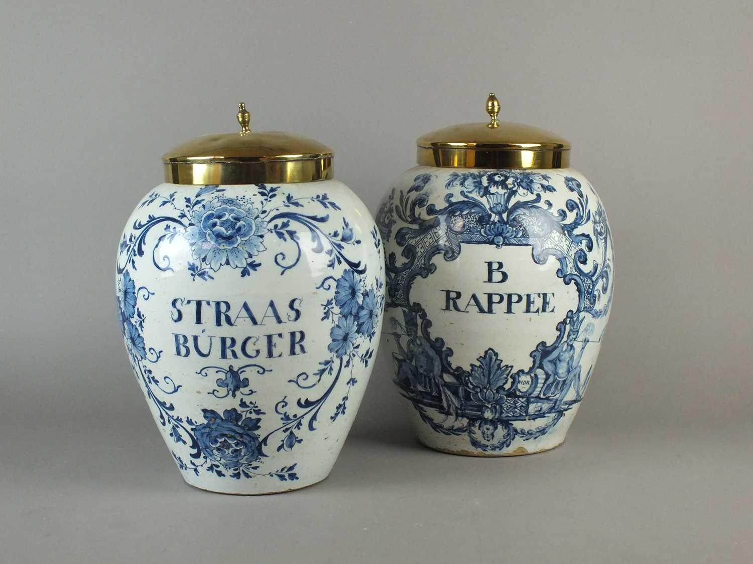 Two 18th century delft dry drugs jars