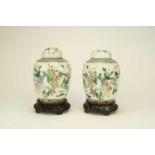 A pair of Chinese famille verte style jars and covers, Qing Dynasty, 19th century