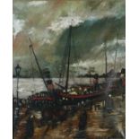 British School (20th Century) Fishing Boats at the Dock oil on canvas