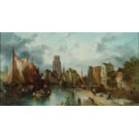 Alfred Montague (British, 1832-1883), Continental Inland Port Landscape oil on canvas